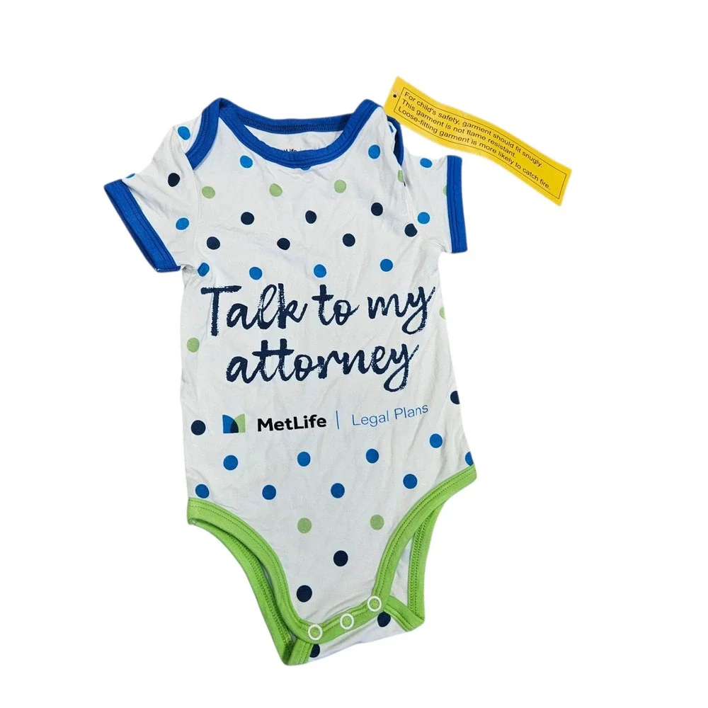 MetLife NWT Legal Plans Bamboo Talk to my Attorney Baby Bodysuit Polka Dot  6-9M